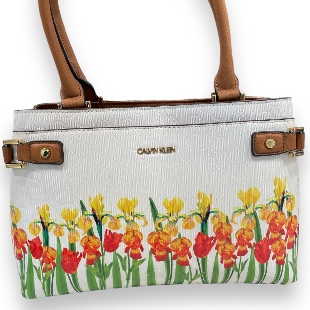 Calvin Klein Daffodil Bright Cheery Floral Satchel Handbag Tote, Faux Leather